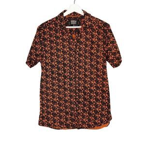 Monument 100% Cotton Halloween Short Sleeve Button-Up Shirt Black/Orange Medium